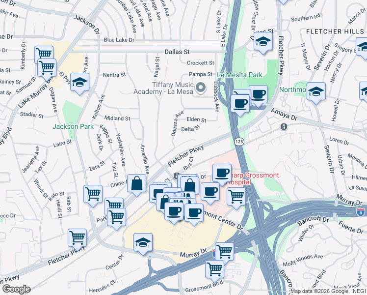 map of restaurants, bars, coffee shops, grocery stores, and more near 8715 Mellmanor Drive in La Mesa