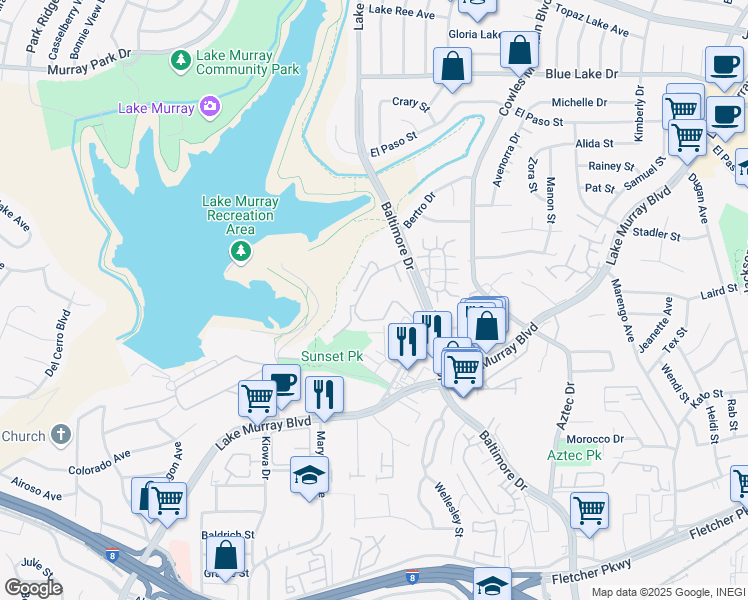 map of restaurants, bars, coffee shops, grocery stores, and more near 5700 Baltimore Drive in La Mesa