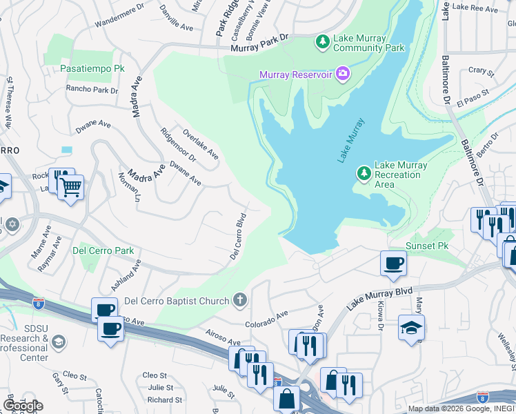 map of restaurants, bars, coffee shops, grocery stores, and more near 6960 Elaine Way in San Diego