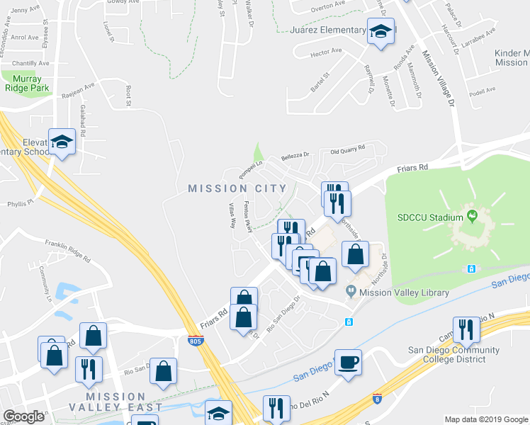 map of restaurants, bars, coffee shops, grocery stores, and more near 2735 Piantino Circle in San Diego