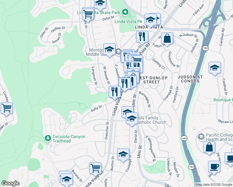 map of restaurants, bars, coffee shops, grocery stores, and more near 2201 Comstock Street in San Diego