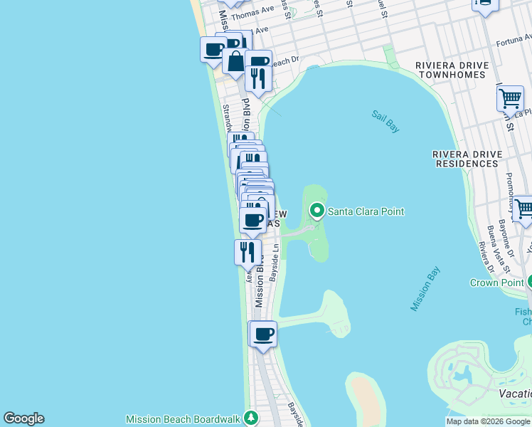 map of restaurants, bars, coffee shops, grocery stores, and more near 7150 Bayside Lane in San Diego