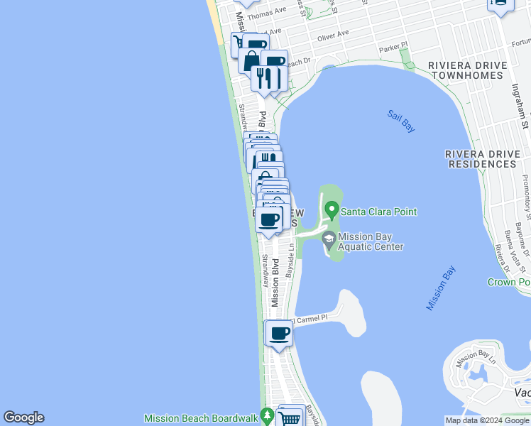 map of restaurants, bars, coffee shops, grocery stores, and more near 3775 Strandway in San Diego