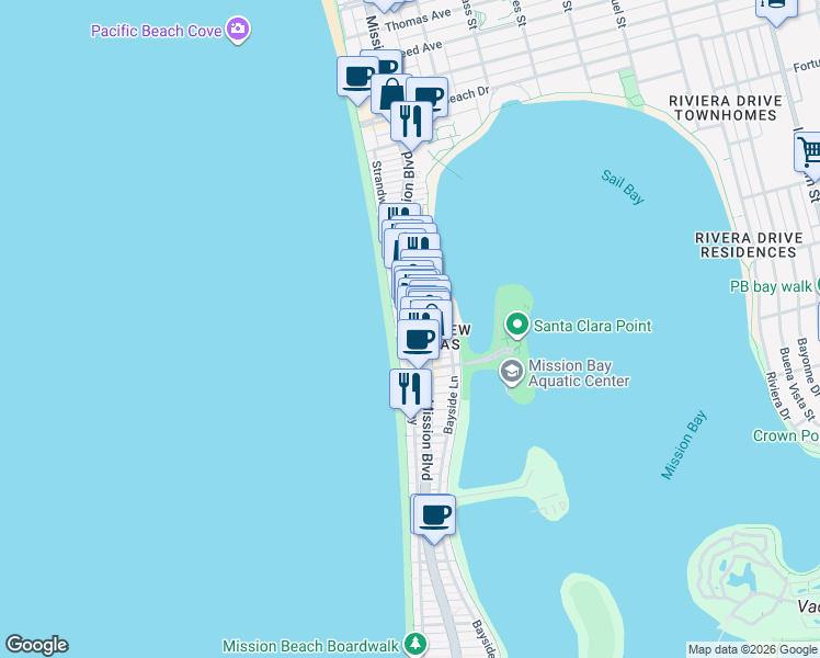 map of restaurants, bars, coffee shops, grocery stores, and more near in San Diego