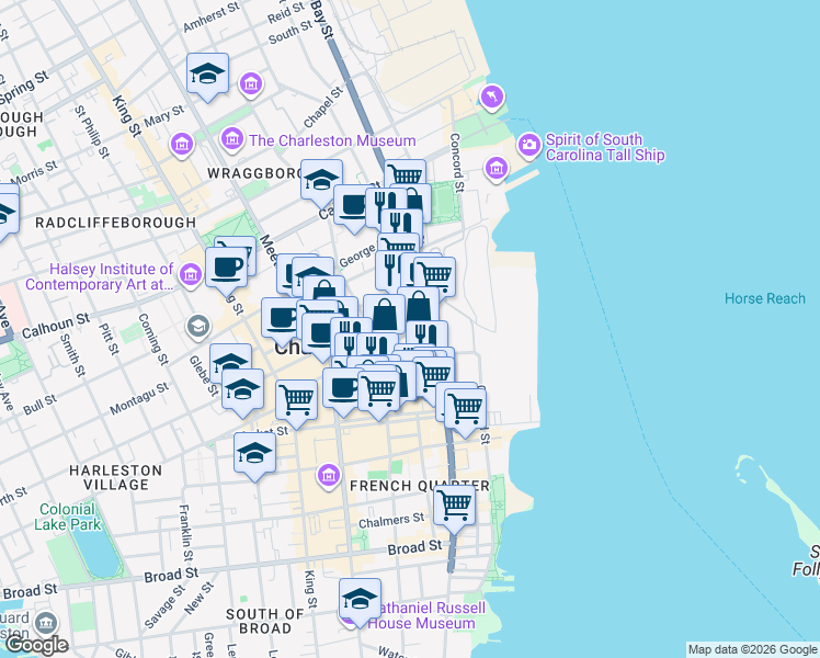 map of restaurants, bars, coffee shops, grocery stores, and more near 287 East Bay Street in Charleston