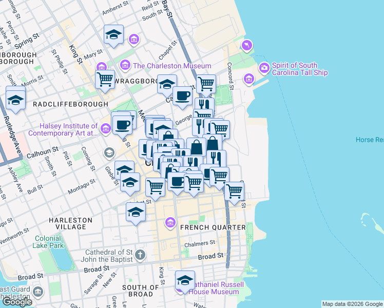 map of restaurants, bars, coffee shops, grocery stores, and more near 53 Anson Street in Charleston