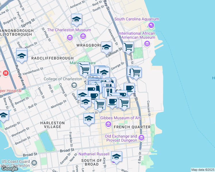 map of restaurants, bars, coffee shops, grocery stores, and more near in Charleston