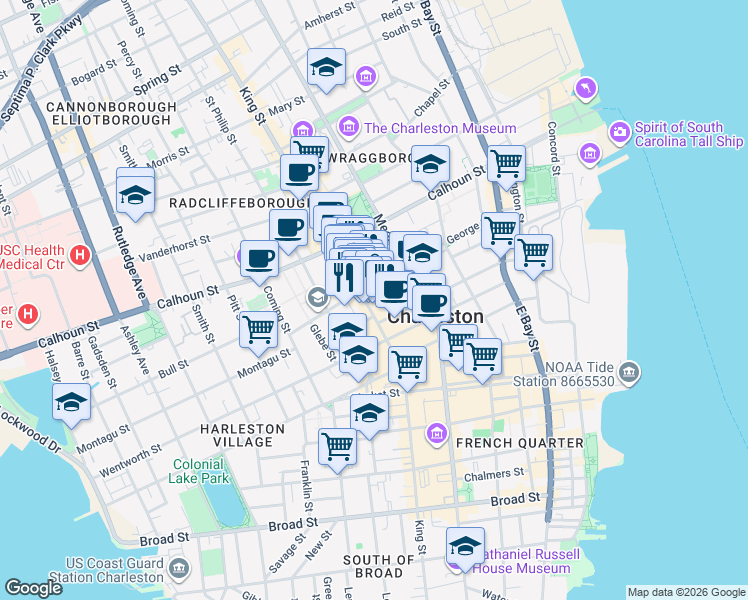 map of restaurants, bars, coffee shops, grocery stores, and more near 318 King Street in Charleston