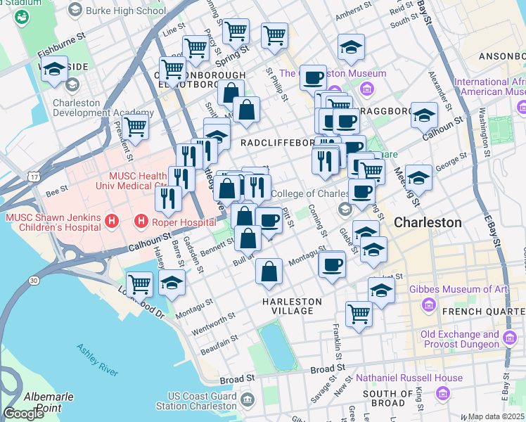 map of restaurants, bars, coffee shops, grocery stores, and more near 229 Calhoun Street in Charleston