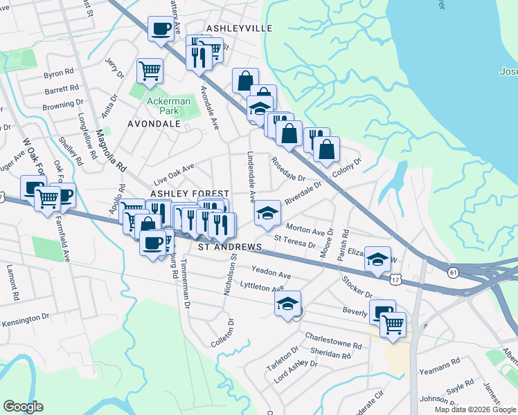 map of restaurants, bars, coffee shops, grocery stores, and more near 28 Riverdale Drive in Charleston