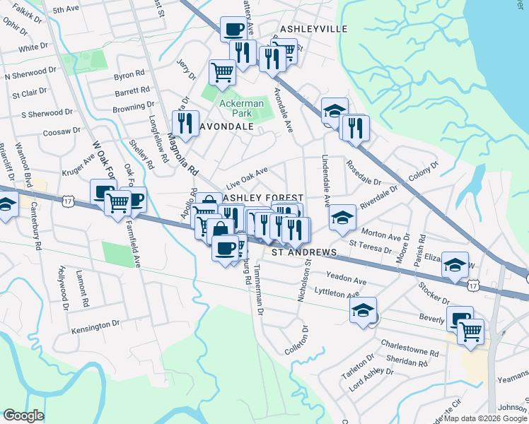 map of restaurants, bars, coffee shops, grocery stores, and more near 202 Hickory Street in Charleston