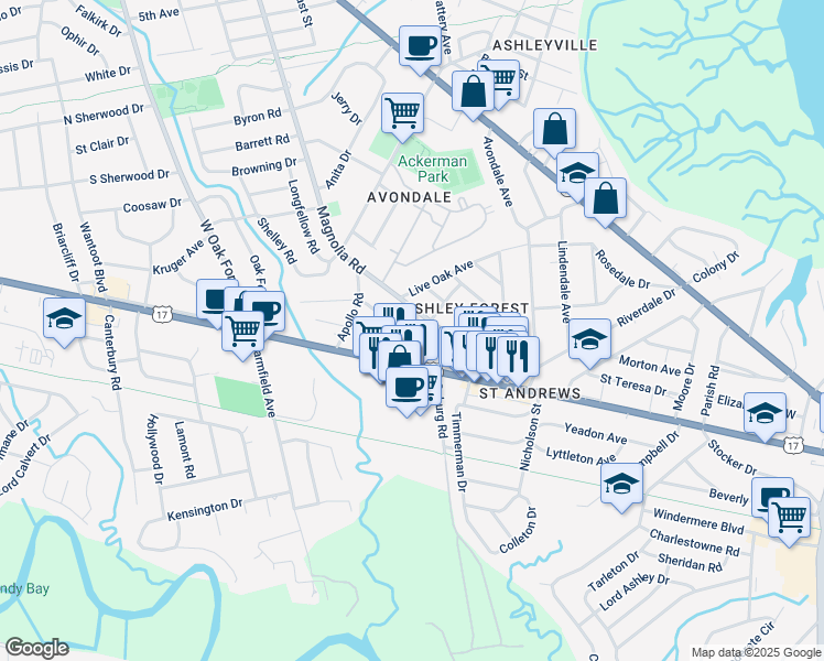 map of restaurants, bars, coffee shops, grocery stores, and more near 226 Magnolia Road in Charleston