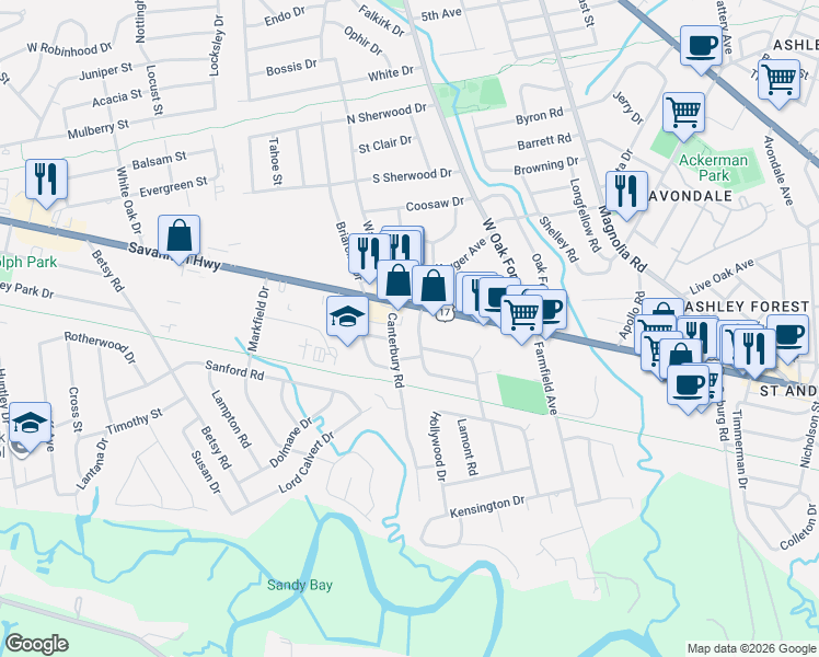 map of restaurants, bars, coffee shops, grocery stores, and more near 530 Canterbury Road in Charleston