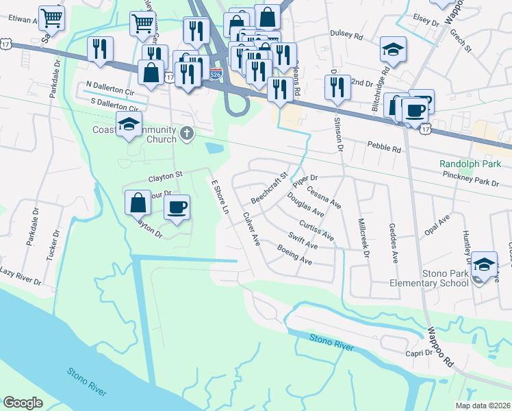 map of restaurants, bars, coffee shops, grocery stores, and more near 2024 Piper Drive in Charleston
