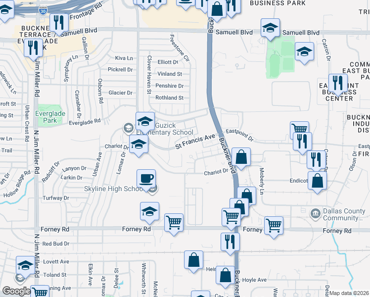 map of restaurants, bars, coffee shops, grocery stores, and more near 4661 Saint Francis Avenue in Dallas