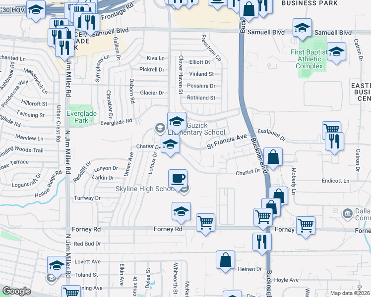 map of restaurants, bars, coffee shops, grocery stores, and more near 4567 Saint Francis Avenue in Dallas