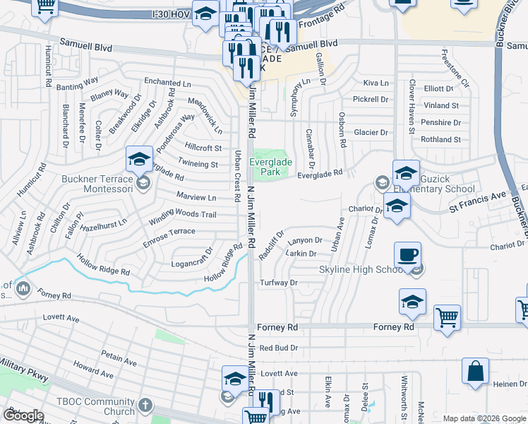 map of restaurants, bars, coffee shops, grocery stores, and more near 5028 Groom Lane in Dallas