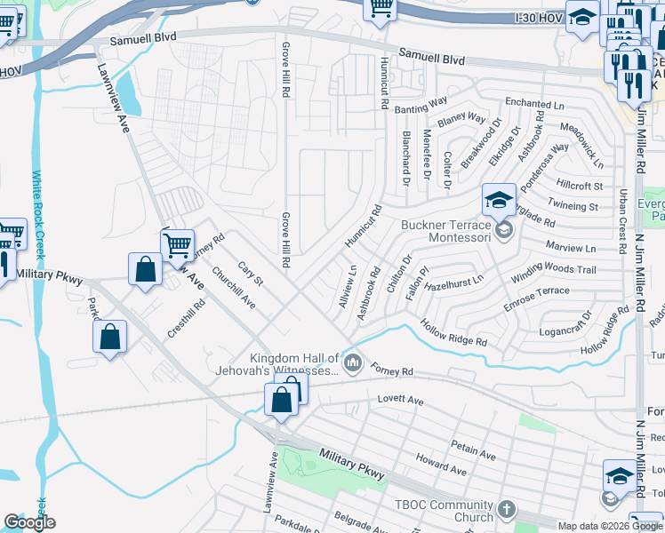 map of restaurants, bars, coffee shops, grocery stores, and more near 7003 Hunnicut Road in Dallas