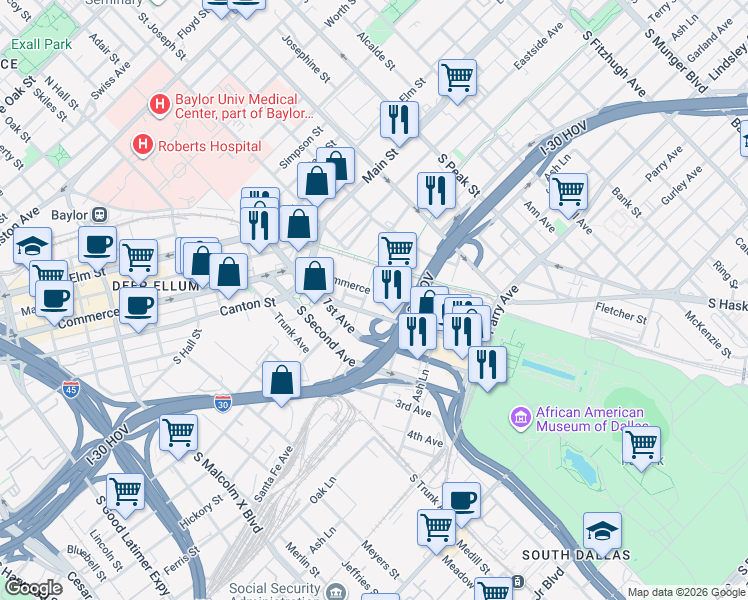 map of restaurants, bars, coffee shops, grocery stores, and more near 3903 Commerce Street in Dallas