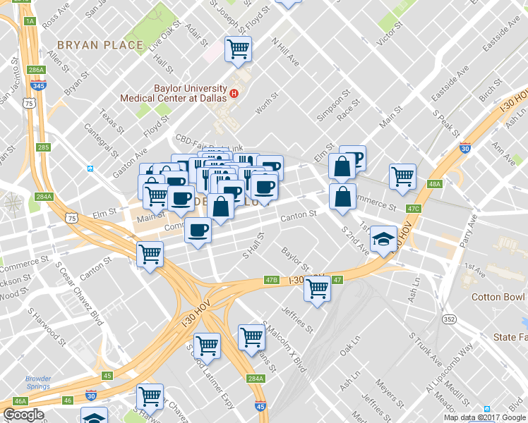 map of restaurants, bars, coffee shops, grocery stores, and more near 3124 Commerce Street in Dallas