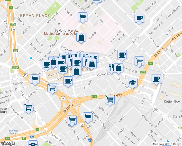 map of restaurants, bars, coffee shops, grocery stores, and more near 3124 Commerce Street in Dallas