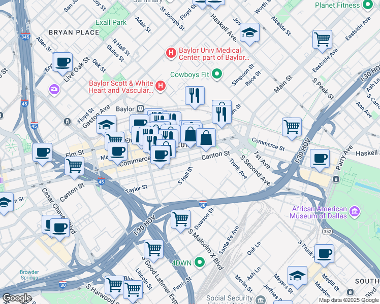map of restaurants, bars, coffee shops, grocery stores, and more near 3124 Commerce Street in Dallas