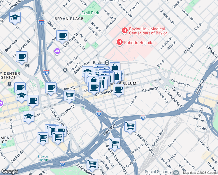 map of restaurants, bars, coffee shops, grocery stores, and more near 101 South Malcolm X Boulevard in Dallas