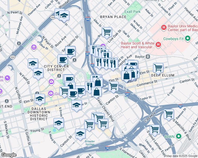 map of restaurants, bars, coffee shops, grocery stores, and more near in Dallas