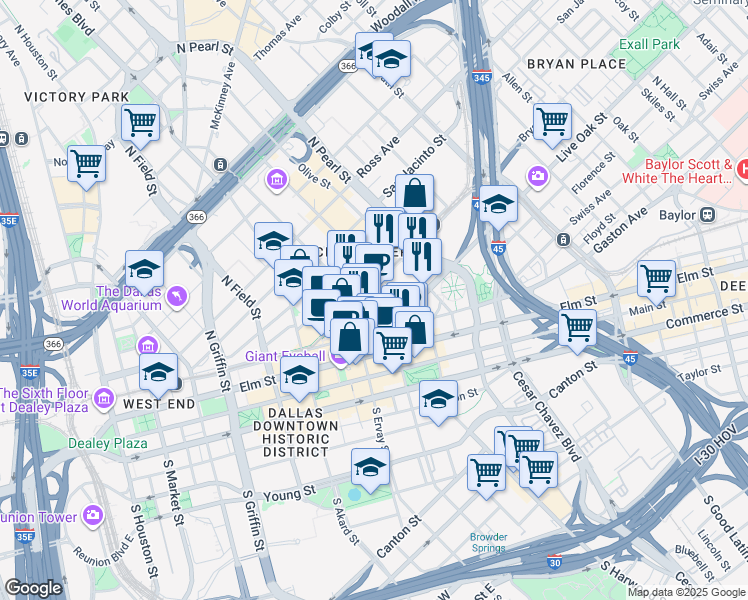 map of restaurants, bars, coffee shops, grocery stores, and more near 405 North Harwood Street in Dallas