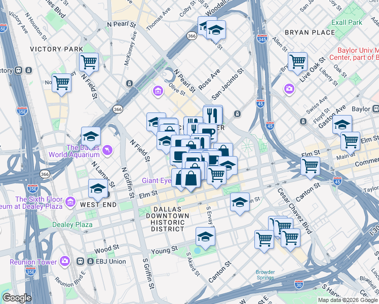map of restaurants, bars, coffee shops, grocery stores, and more near in Dallas