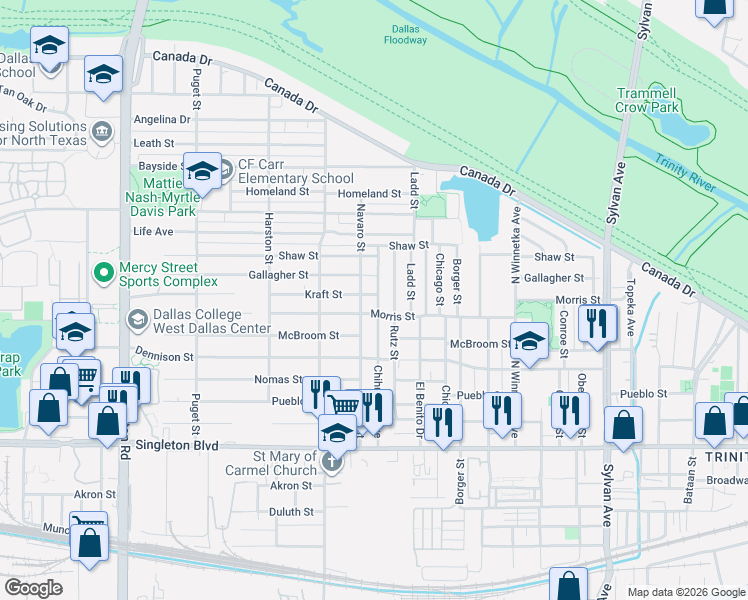 map of restaurants, bars, coffee shops, grocery stores, and more near 3414 Navaro Street in Dallas