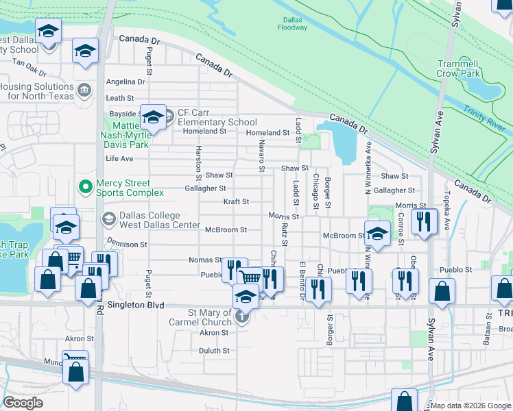 map of restaurants, bars, coffee shops, grocery stores, and more near 3414 Navaro Street in Dallas