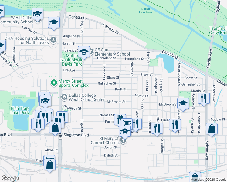 map of restaurants, bars, coffee shops, grocery stores, and more near 1818 Kraft Street in Dallas