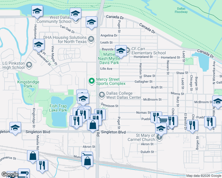 map of restaurants, bars, coffee shops, grocery stores, and more near 2032 Kraft Street in Dallas
