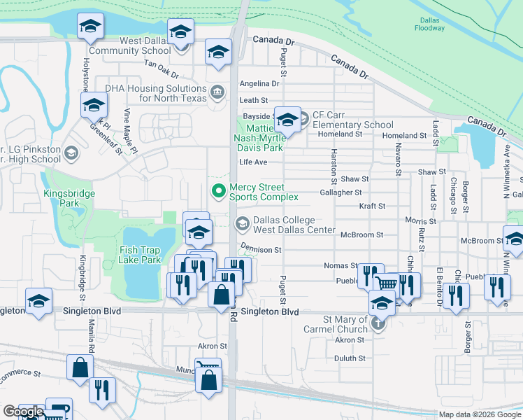 map of restaurants, bars, coffee shops, grocery stores, and more near 2032 Kraft Street in Dallas