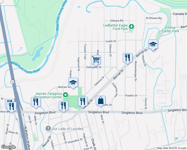 map of restaurants, bars, coffee shops, grocery stores, and more near 3410 Harlingen Street in Dallas
