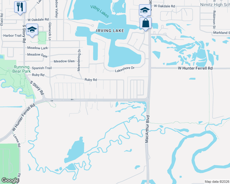 map of restaurants, bars, coffee shops, grocery stores, and more near 2809 Starlake Court in Irving
