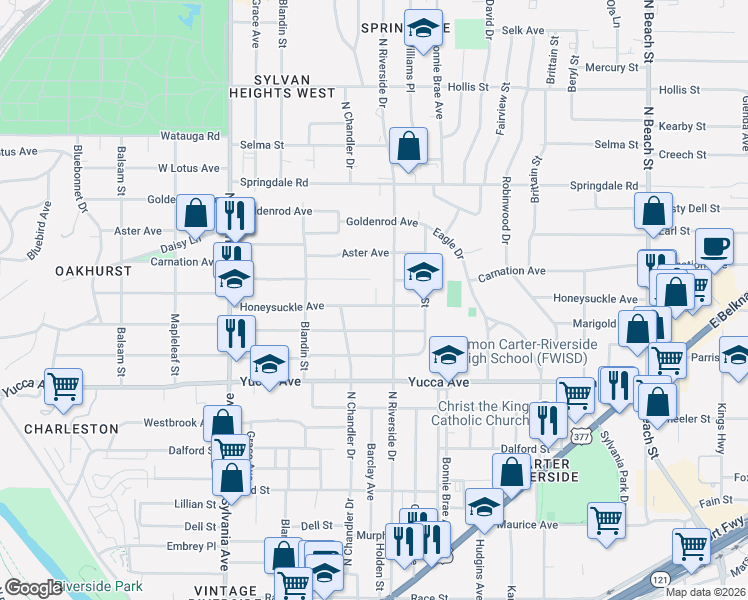 map of restaurants, bars, coffee shops, grocery stores, and more near 1605 North Riverside Drive in Fort Worth