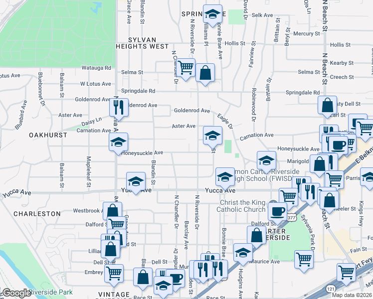 map of restaurants, bars, coffee shops, grocery stores, and more near 1605 North Riverside Drive in Fort Worth