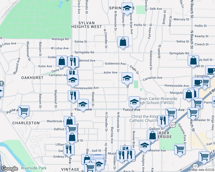 map of restaurants, bars, coffee shops, grocery stores, and more near 3005 Honeysuckle Avenue in Fort Worth
