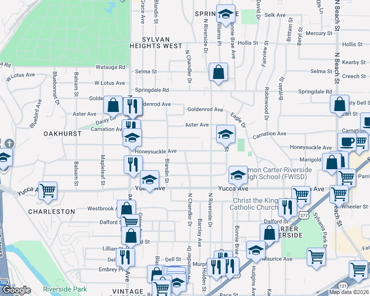 map of restaurants, bars, coffee shops, grocery stores, and more near 3005 Honeysuckle Avenue in Fort Worth