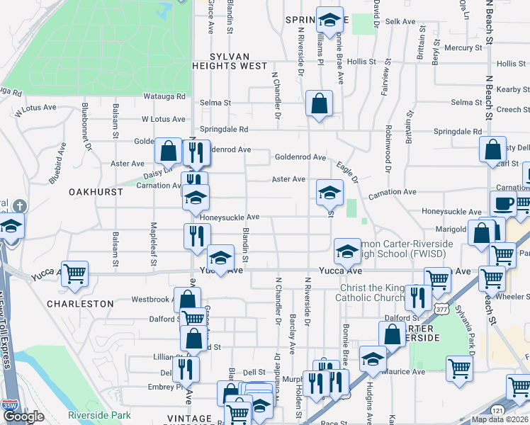 map of restaurants, bars, coffee shops, grocery stores, and more near 3005 Honeysuckle Avenue in Fort Worth