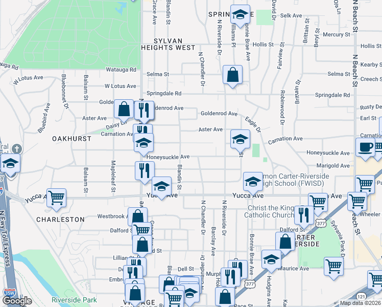 map of restaurants, bars, coffee shops, grocery stores, and more near 1604 Blandin Street in Fort Worth