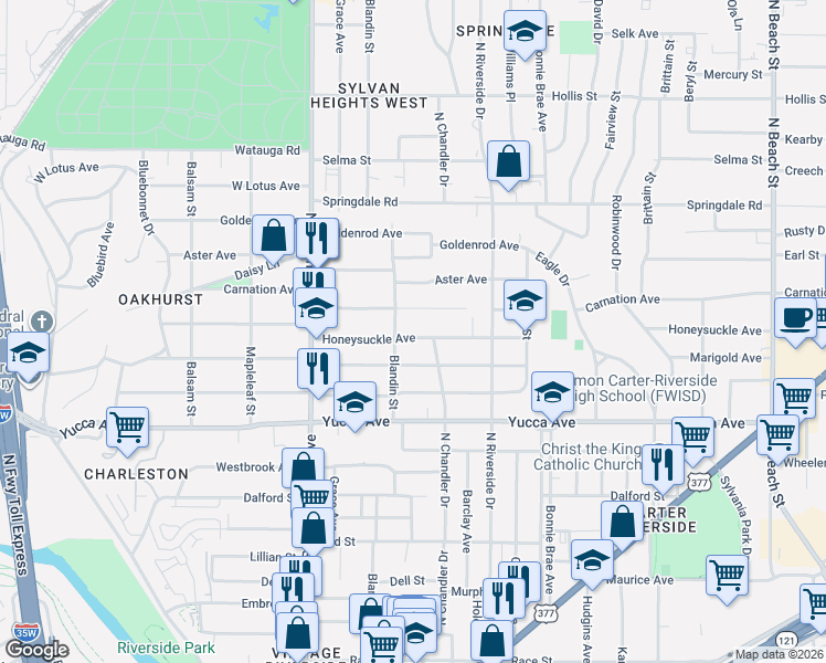 map of restaurants, bars, coffee shops, grocery stores, and more near 1604 Blandin Street in Fort Worth