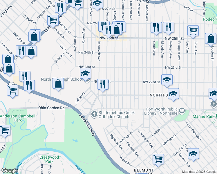 map of restaurants, bars, coffee shops, grocery stores, and more near 2117 Loving Avenue in Fort Worth