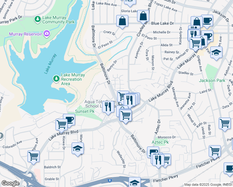 map of restaurants, bars, coffee shops, grocery stores, and more near 10 Baltimore Drive in La Mesa