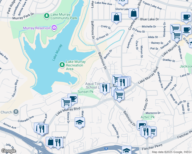 map of restaurants, bars, coffee shops, grocery stores, and more near in La Mesa