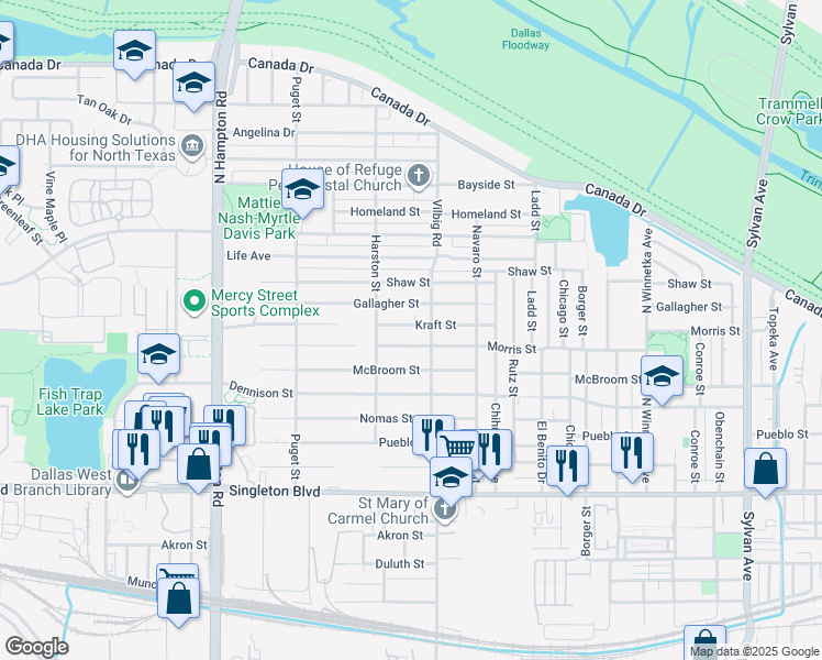 map of restaurants, bars, coffee shops, grocery stores, and more near 1818 Kraft St in Dallas