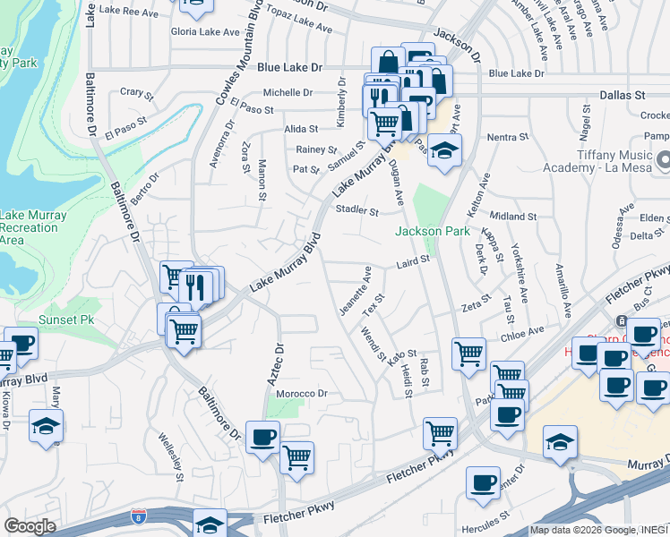 map of restaurants, bars, coffee shops, grocery stores, and more near 5790 Marengo Avenue in La Mesa