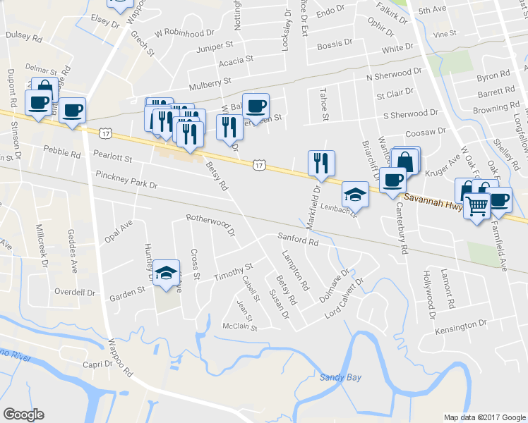 map of restaurants, bars, coffee shops, grocery stores, and more near 1625 Savannah Highway in Charleston